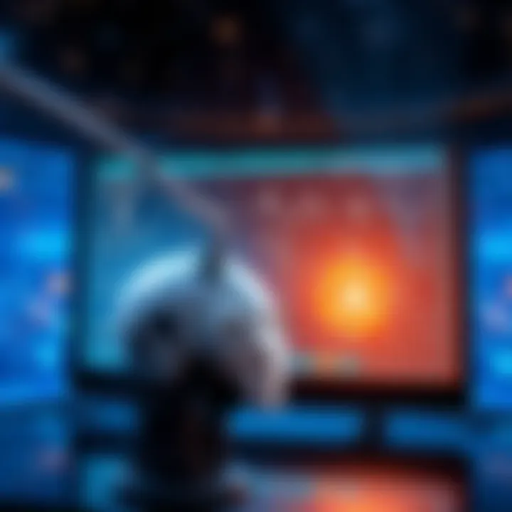 A futuristic scene showing an AI system analyzing scientific formulas on a digital screen, symbolizing the challenge of traditional science, with a background of stars and galaxies.