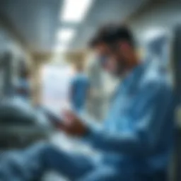 A healthcare professional uses an AI scribe on a tablet while interacting with a patient in a hospital room