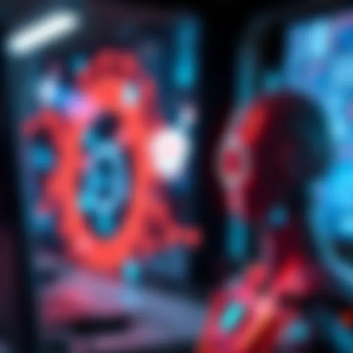 A visual representation of AI technology improving online searches, with search icons and digital elements.