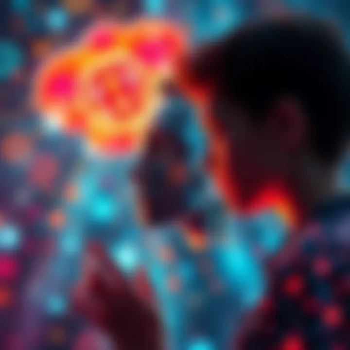 A colorful depiction of a person interacting with an AI game, reflecting on their emotions and choices, with abstract symbols representing thoughts and feelings around them.