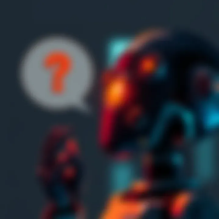 A depiction of an AI represented as a robot looking thoughtful, with a bubble showing a question mark above its head, symbolizing self-reflection and the concept of AI consciousness.