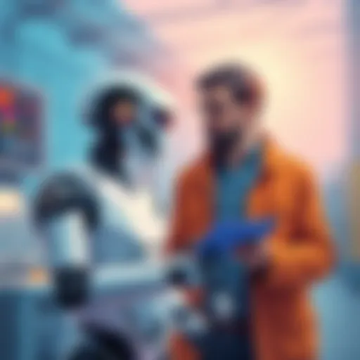 An illustration showing a robot alongside a senior engineer discussing a project, representing the idea of AI mimicking human expertise.