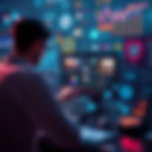 A person working on a laptop with various digital tools for creating an AI short film, surrounded by colorful visuals and graphics.