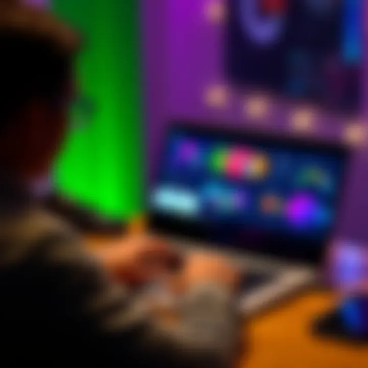 A person working on a laptop with colorful presentation slides on the screen, showing various design options.