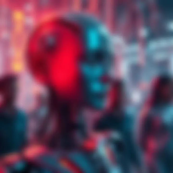 A digital representation of artificial intelligence advancing, with human figures in the background looking concerned about job loss and existential risks.