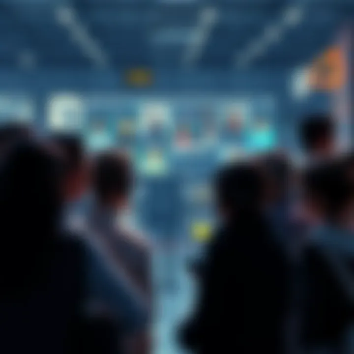 A diverse group of people discussing the role of artificial intelligence in society, with technology elements like robots and screens in the background.