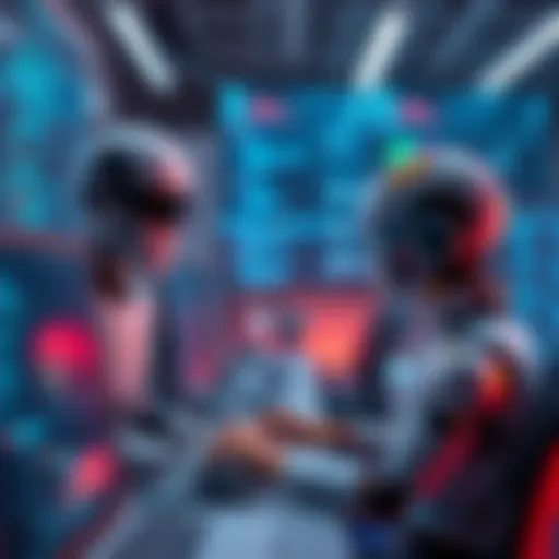 A futuristic scene showing AI technology coding alongside human developers at Google, with screens displaying lines of code and digital interfaces.