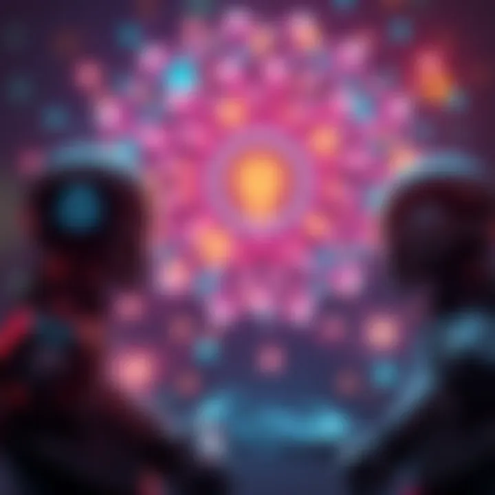 An AI model interacting with abstract concepts of spirituality and consciousness, symbolizing deep philosophical discussions.