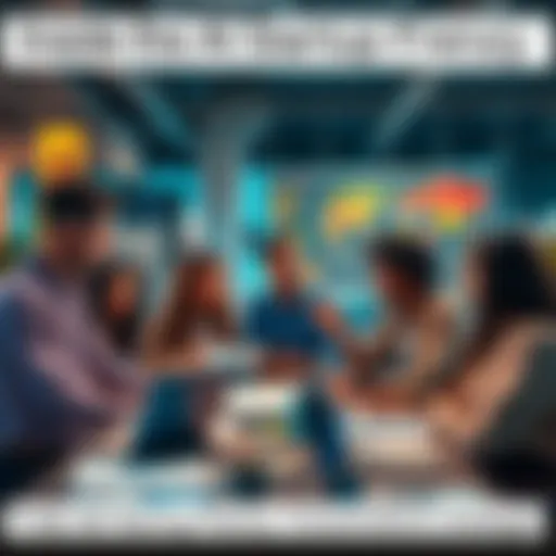 A diverse group of people brainstorming over charts and laptops about AI startup trends in a modern office setting