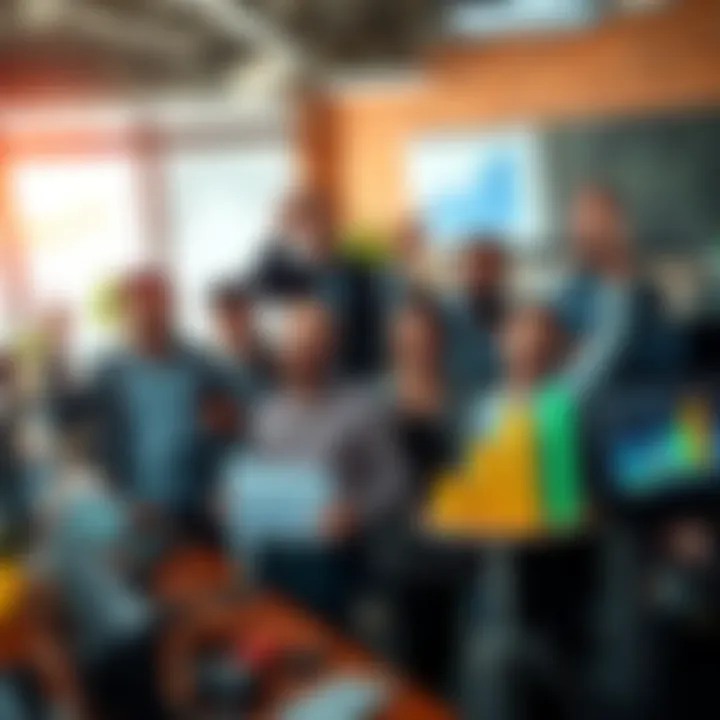 A group of diverse entrepreneurs celebrating in an office surrounded by tech gadgets and charts showing growth in funding for AI startups.