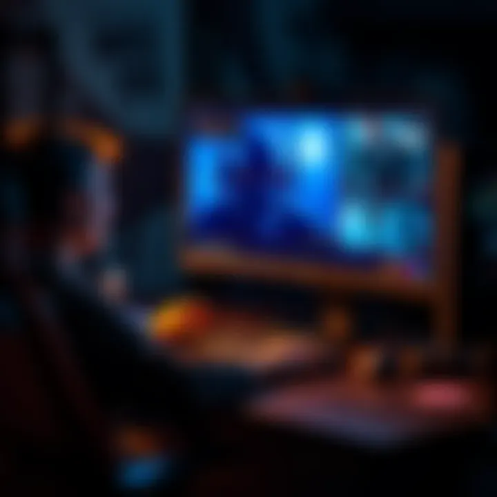 A person sitting at a computer, exploring AI tools for storytelling in a horror game, with images of horror game characters on the screen.