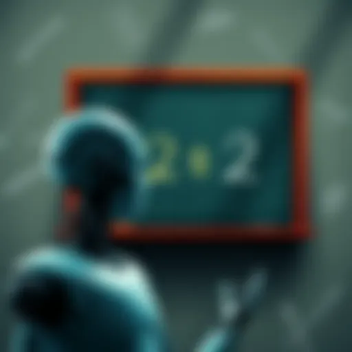 A confused robot looking at a chalkboard displaying the equation 2 + 2, with scribbles around it