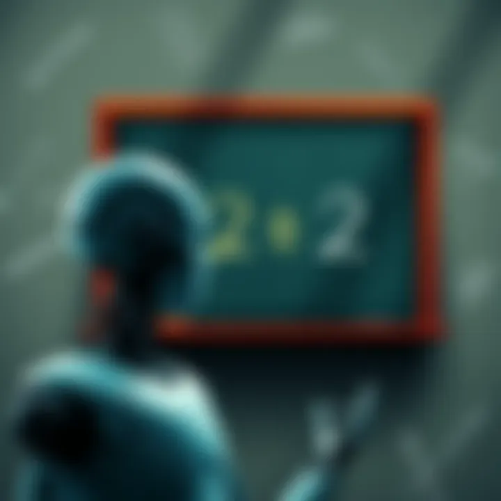 A confused robot looking at a chalkboard displaying the equation 2 + 2, with scribbles around it