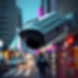 AI Surveillance Technology A close-up of an AI surveillance camera monitoring a city street, highlighting the intersection of technology and policing.