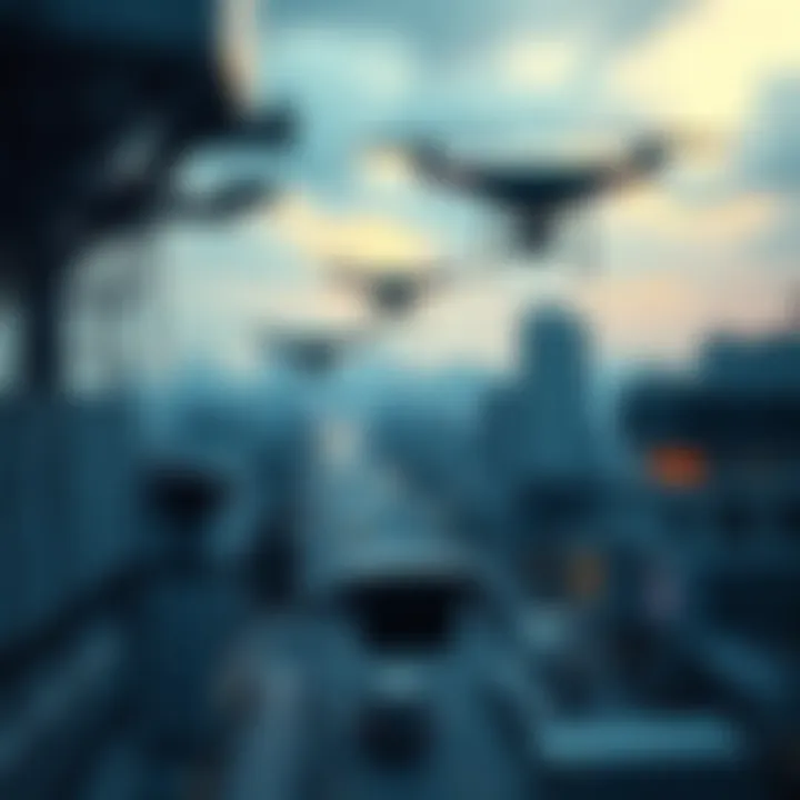 A visual representation of AI technology monitoring a cityscape, with drones flying above and a network of cameras observing the streets. The image reflects the ethical concerns of AI in surveillance ...