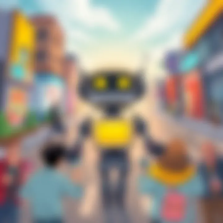 A cartoon depicting a robot humorously taking over a city, with people laughing and sharing jokes on their phones. The scene shows a lighthearted take on AI concerns.