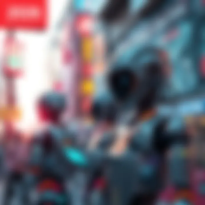 A futuristic setting showcasing advanced AI technology with robots and smart devices interacting in a busy urban environment.