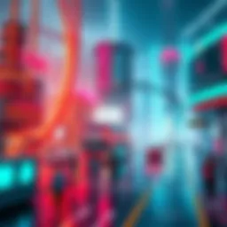 A futuristic cityscape showcasing advanced AI systems in various sectors like healthcare and transportation, with people interacting with intelligent devices.