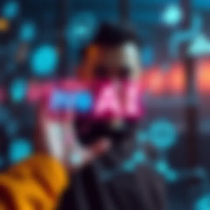 AI Technology Concept A person interacting with a digital interface displaying AI symbols and graphics, highlighting the benefits of artificial intelligence in everyday life.