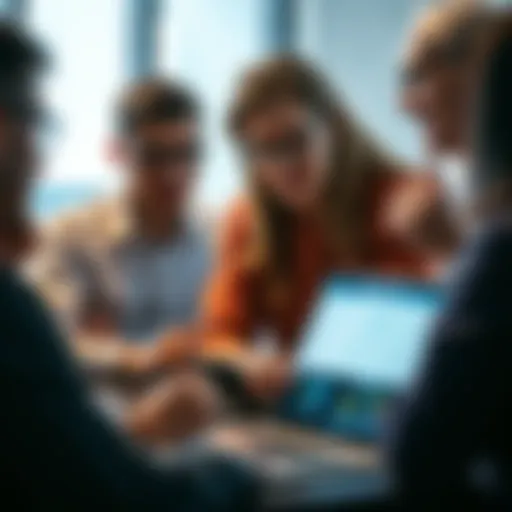 People engaging in a discussion about artificial intelligence, showing a laptop with AI graphics and thoughtful expressions