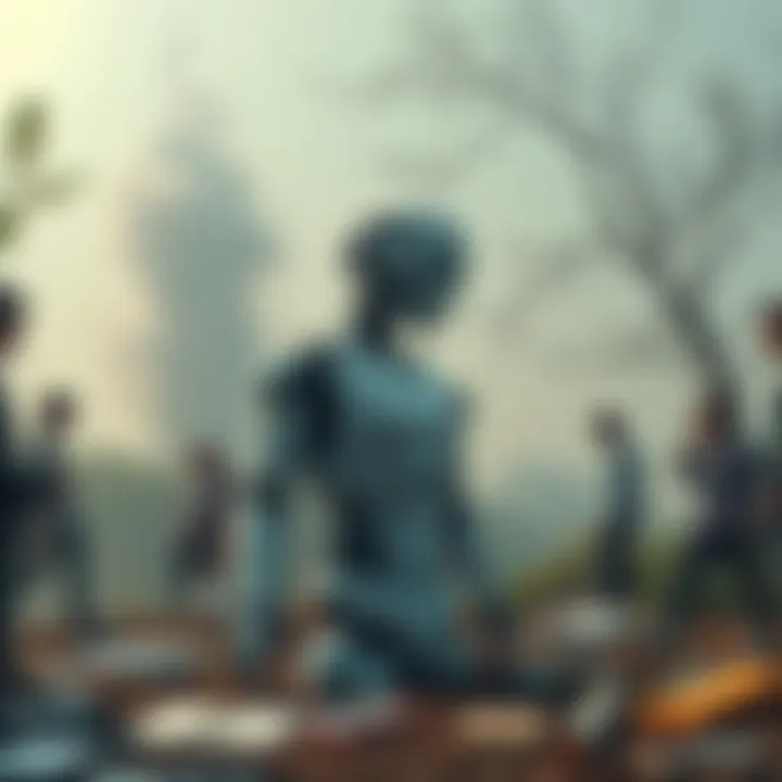 A visual representation of AI's negative effects on society, showing a robot among nature with pollution, art supplies scattered, and people looking distressed.