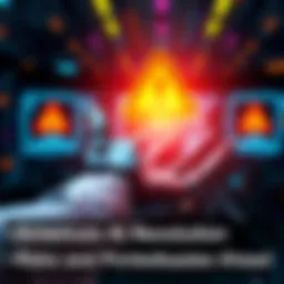 A graphic showing a human hand reaching out to a robotic hand, symbolizing the relationship between humans and artificial intelligence, with warning signs in the background.