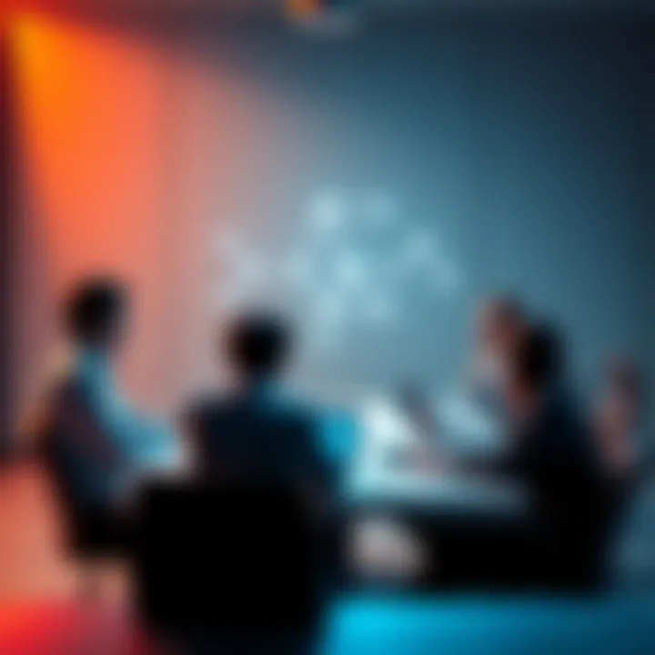 A group of people discussing the benefits and concerns of artificial intelligence at a table with laptops and notebooks