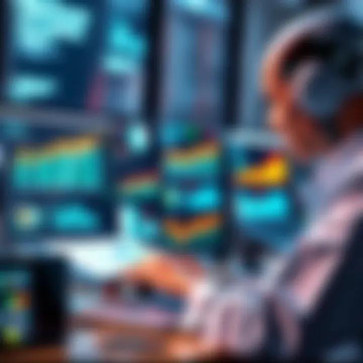 An AI program analyzing a business plan on a laptop with charts and graphs on the screen, symbolizing assessment and feedback.