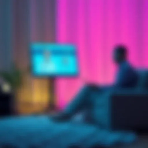 A person sits in a cozy space, talking to a digital screen displaying an AI therapist, showcasing a supportive environment.