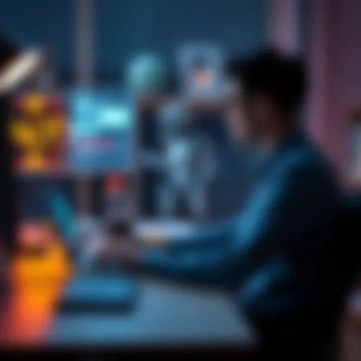 A person sitting at a desk using a laptop, looking thoughtful while an AI chatbot appears on the screen, symbolizing the blend of technology and mental health support.