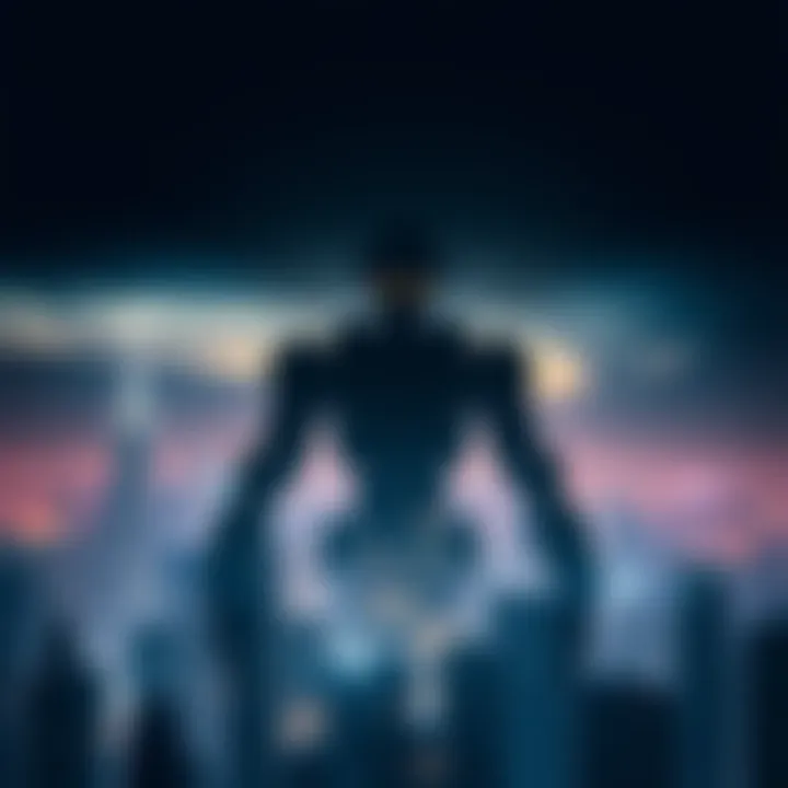 A dark silhouette of a robot looming over a city skyline, symbolizing the potential dangers of artificial intelligence in modern society.