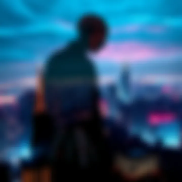A shadowy figure representing AI looms over a city skyline, symbolizing the potential danger to humanity.