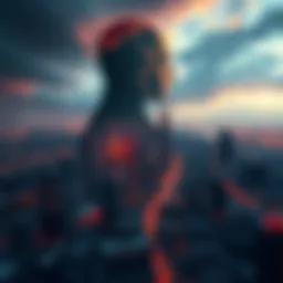 A digital representation of AI with a shadow looming over a city, symbolizing the potential dangers of artificial intelligence.