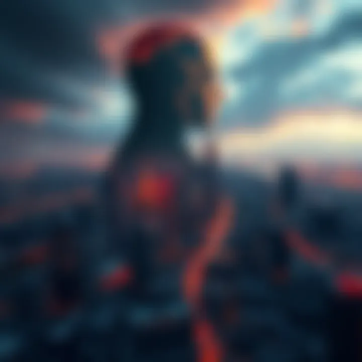 A digital representation of AI with a shadow looming over a city, symbolizing the potential dangers of artificial intelligence.