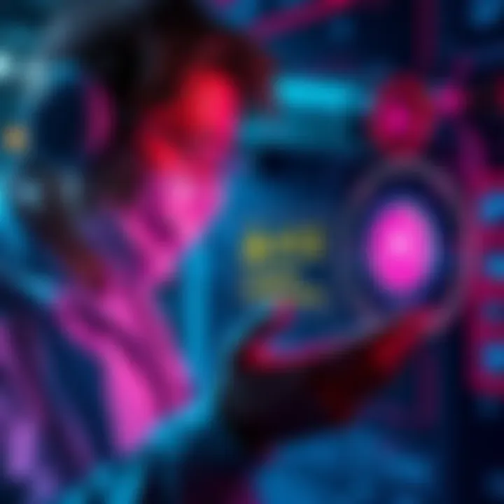 A concerned researcher examining a futuristic AI interface with a warning sign about potential risks to humanity's future.