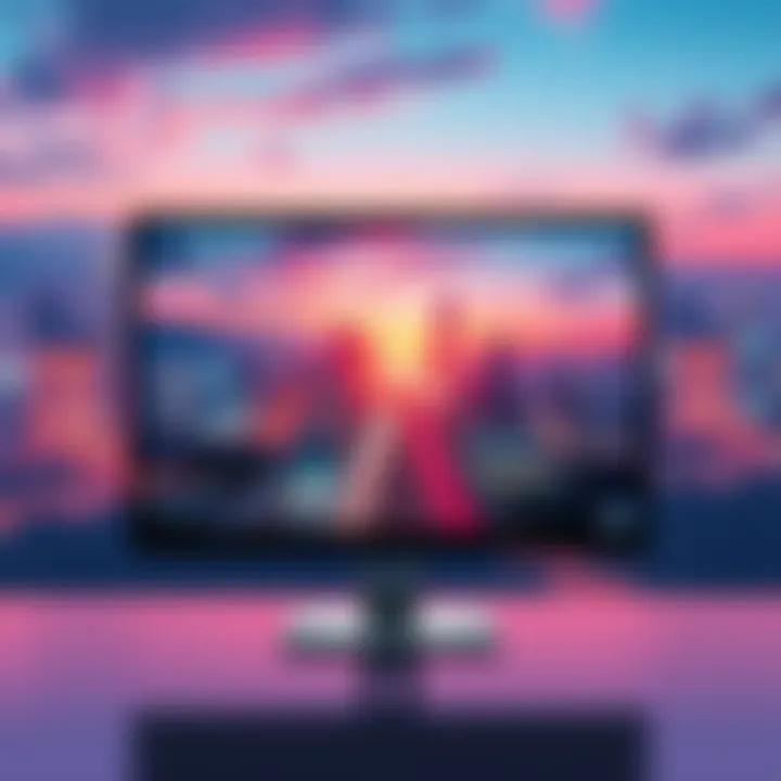 An illustration showing a computer screen displaying a vibrant AI-generated timelapse video with cityscapes and nature blending together, highlighting the artificial aspects of the content.