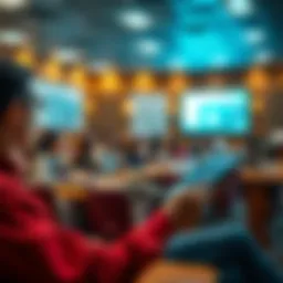 A student using a mini AI tool on a tablet during a lecture, displaying notes and reminders, while the classroom is filled with engaged learners.