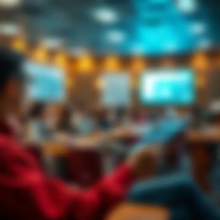 A student using a mini AI tool on a tablet during a lecture, displaying notes and reminders, while the classroom is filled with engaged learners.