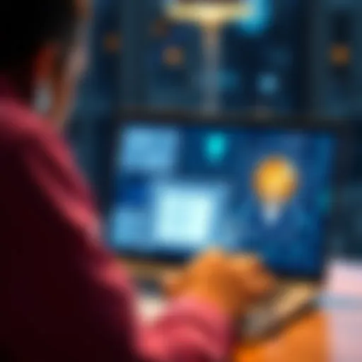 A person using a laptop with a digital interface showing patent ideas and a light bulb symbolizing innovation.
