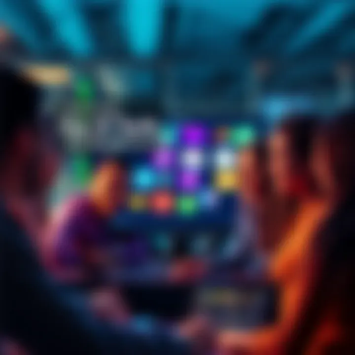 A group of diverse people looking at a computer screen displaying various AI tools and applications, showing excitement and curiosity about technology.