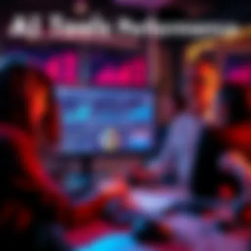 A team of people analyzing data on a computer screen, showcasing AI tools for improving online visibility and tracking performance.