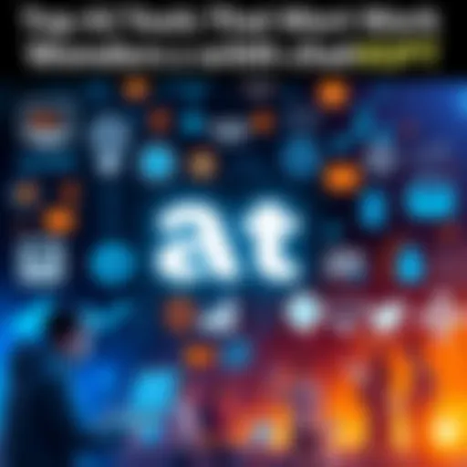 A collage of various AI tools icons alongside chatGPT's logo with people using technology at work and home.