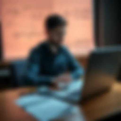 A person sitting at a desk with a calculator and a laptop, pondering over mathematical equations and AI concepts, representing the comparison of AI and calculators affecting critical thinking.
