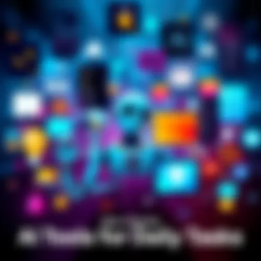 A collage of popular AI tools such as chatbots, productivity apps, and virtual assistants in action, showcasing their use in real-life tasks.