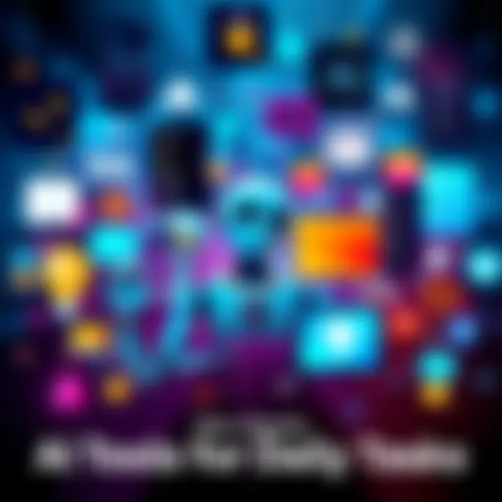 A collage of popular AI tools such as chatbots, productivity apps, and virtual assistants in action, showcasing their use in real-life tasks.