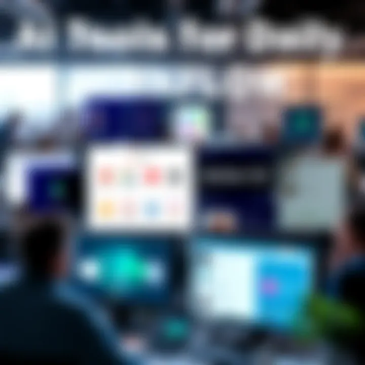 A collage of popular AI tools used in offices, showcasing productivity apps like ChatGPT Pro, Notion AI, and Claude on computer screens with people working in the background.