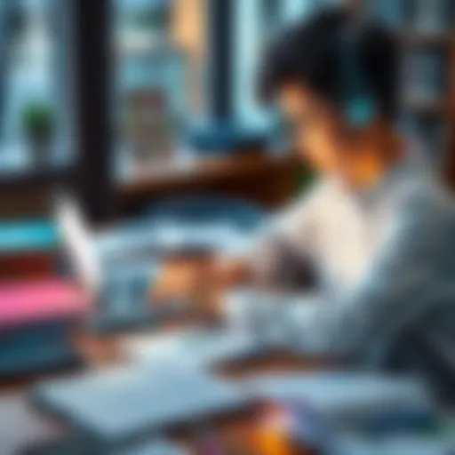 A student uses a laptop to study finance with AI tools for exam preparation, surrounded by study materials like books and notes.