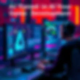AI Tools in Game Development A game developer working on a computer with AI tools, showing a mix of coding and creative design. The screen displays game graphics and AI interface elements.