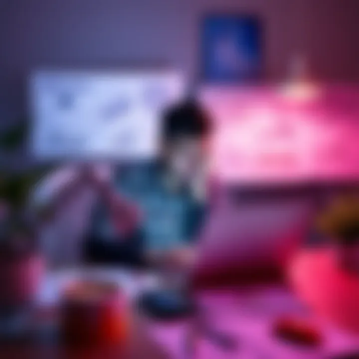 A frustrated person working on a laptop surrounded by design sketches and mockups for interior and landscape projects.