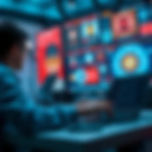 A person working on a laptop surrounded by digital interfaces displaying AI applications.